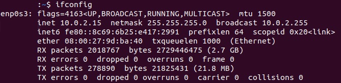 Outpu of ifconfig command in Linux (Ubuntu) ifconfig output